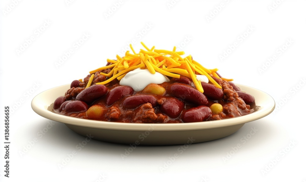 Spicy chili con carne with cheese and sour cream, served on a plate against a white background; perfect for food blogs or recipe websites Spicy chili con carne with cheese and sour cream, served on a plate against a white background; perfect for food blogs or recipe websites