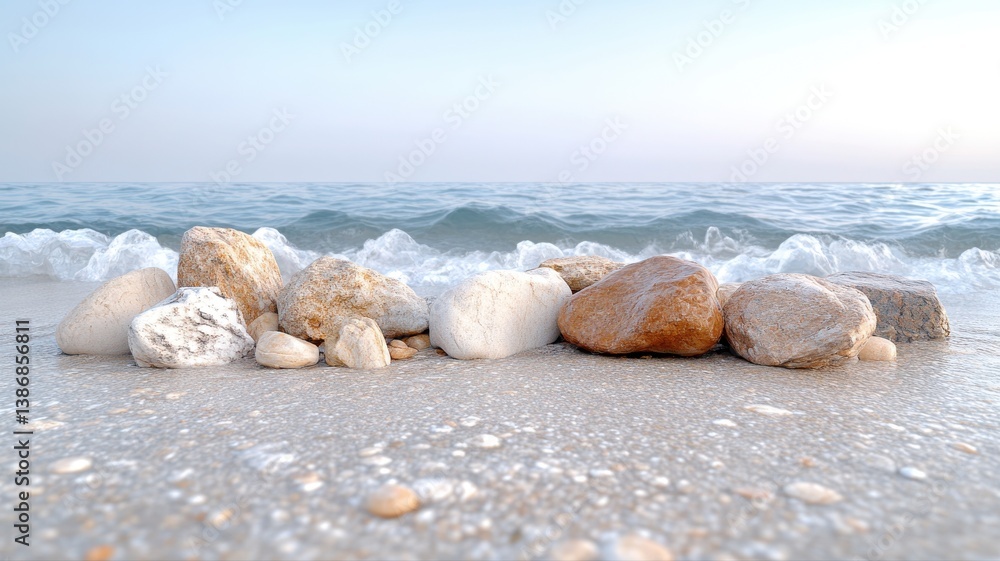Serene beach scene with colorful stones and gentle waves, capturing coastal tranquility and nature's beauty. Serene beach scene with colorful stones and gentle waves, capturing coastal tranquility and nature's beauty.