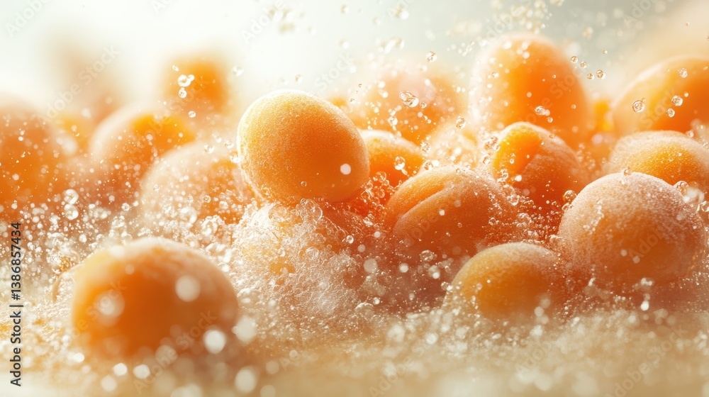 A fruity explosion with apricots, splashing in soft orange, set against a white background A fruity explosion with apricots, splashing in soft orange, set against a white background