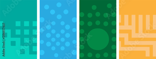 Colorful Geometric Patterns in Four Panels with Vibrant Shapes and Designs.