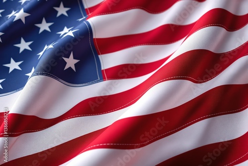 Free Download Close-up of USA flag waving in fabric texture style with visible stitching details on a soft light background, symbolizing patriotism. Ai generative - GFXLoad