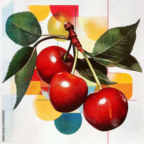 Retro pop art digital collage retro layered. Vintage visual. Colorful graphic media. Clip art. Isolated on white background. Retro cherry clipart for food motif and collage design projects.