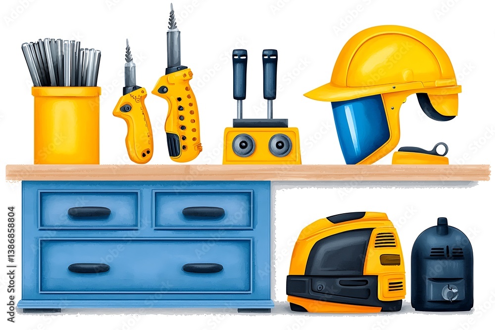 Fototapeta premium Tools and Equipment on Workbench with Yellow Accessories