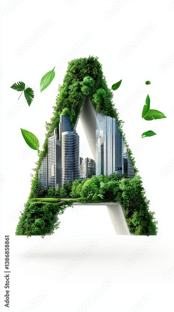 Fototapeta premium Green Letter A with Cityscape Inside and Falling Leaves
