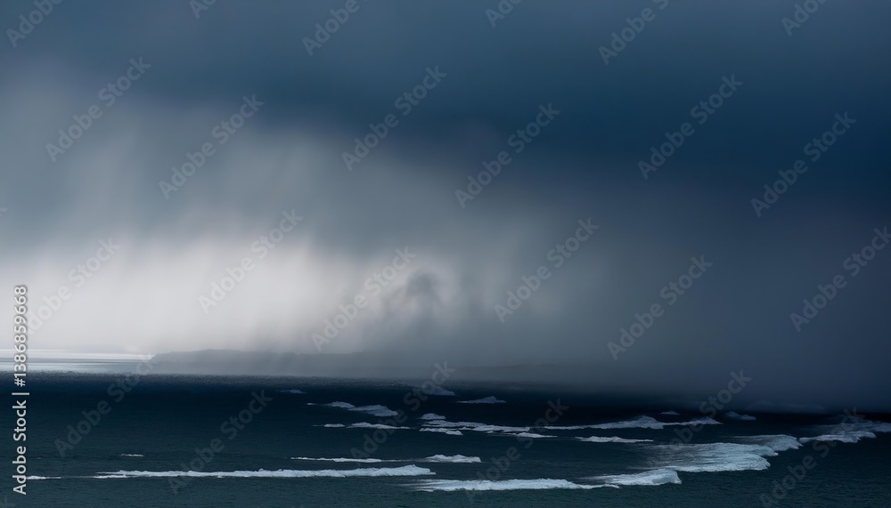 Fototapeta premium Dark clouds pouring rain over stormy ocean with icebergs