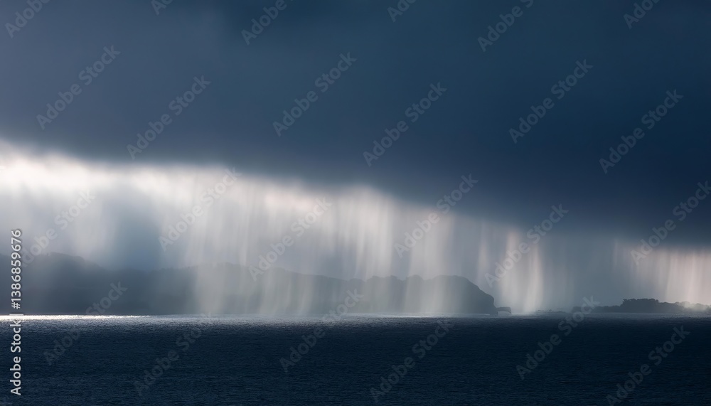 Sunbeams lighting up rain falling over the ocean and island Sunbeams lighting up rain falling over the ocean and island