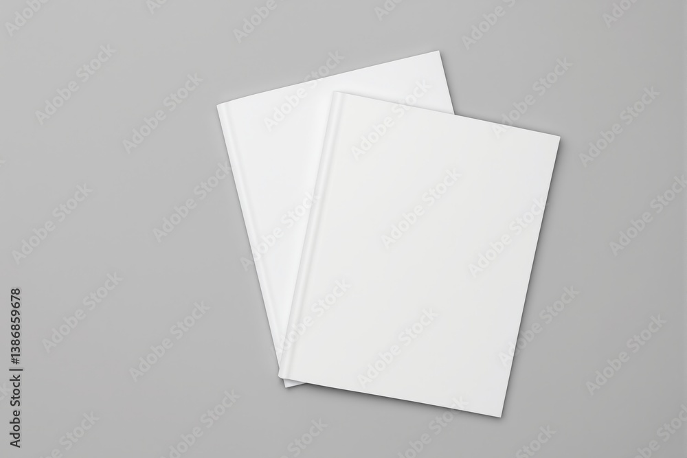 Two plain white hardcover books arranged diagonally on a smooth light gray background, minimalistic creative concept for branding or design mockup. Ai generative Two plain white hardcover books arranged diagonally on a smooth light gray background, minimalistic creative concept for branding or design mockup. Ai generative