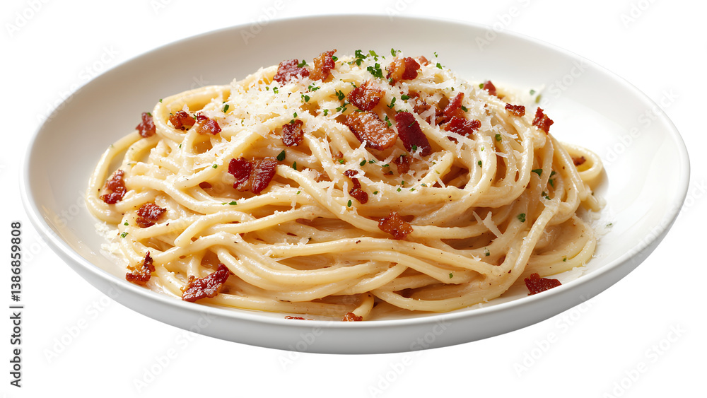 Classic Spaghetti Carbonara with Bacon and Cheese on White Plate Classic Spaghetti Carbonara with Bacon and Cheese on White Plate