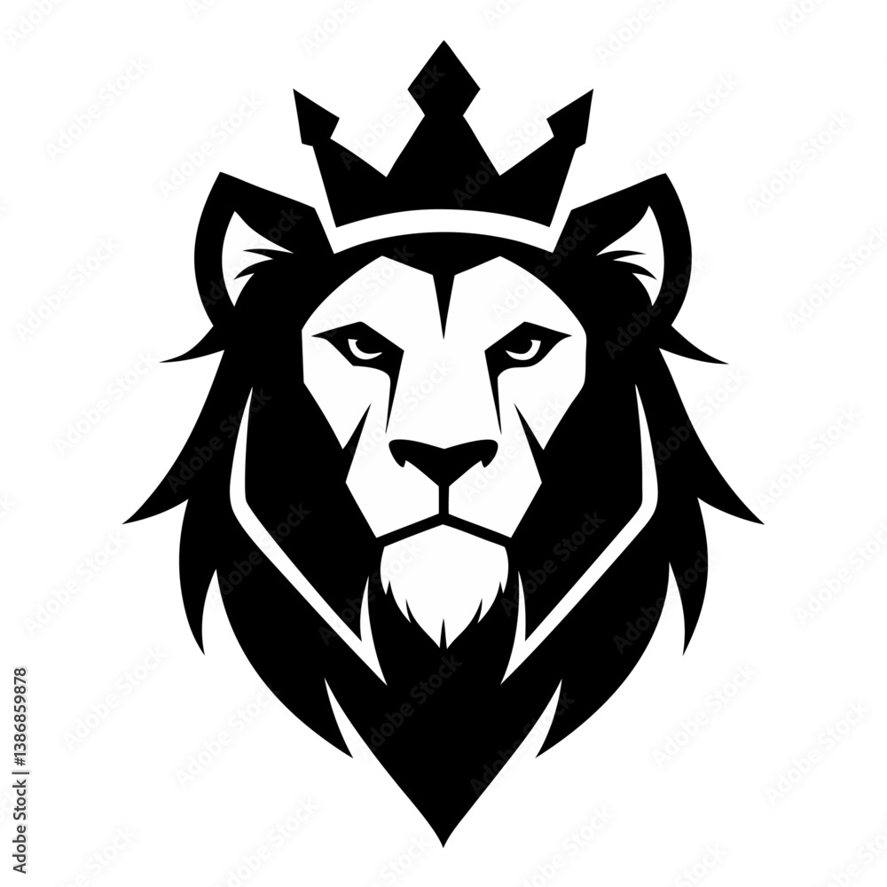 Lion head, stylized, black and white, crown, regal, majestic logo Lion head, stylized, black and white, crown, regal, majestic logo