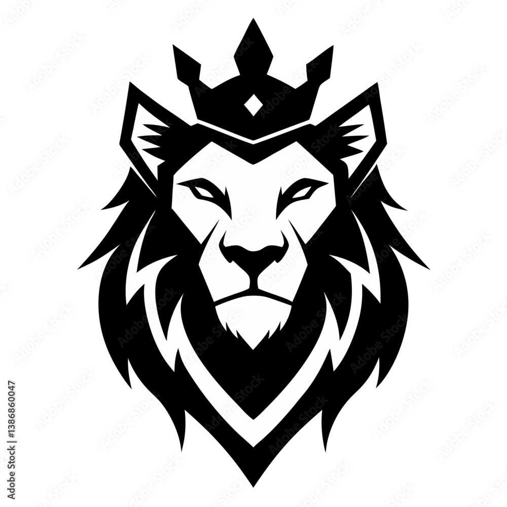 Fototapeta premium Lion head, stylized, black and white, crown, regal, majestic logo 