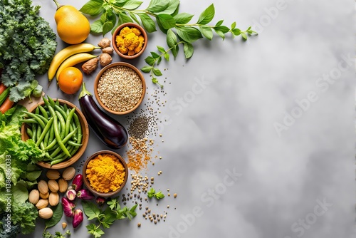 Wallpaper Mural Fresh vegetables, fruits, grains, and spices arranged artistically on left side, light gray background, concept of healthy food and nutrition, Ai generative Torontodigital.ca