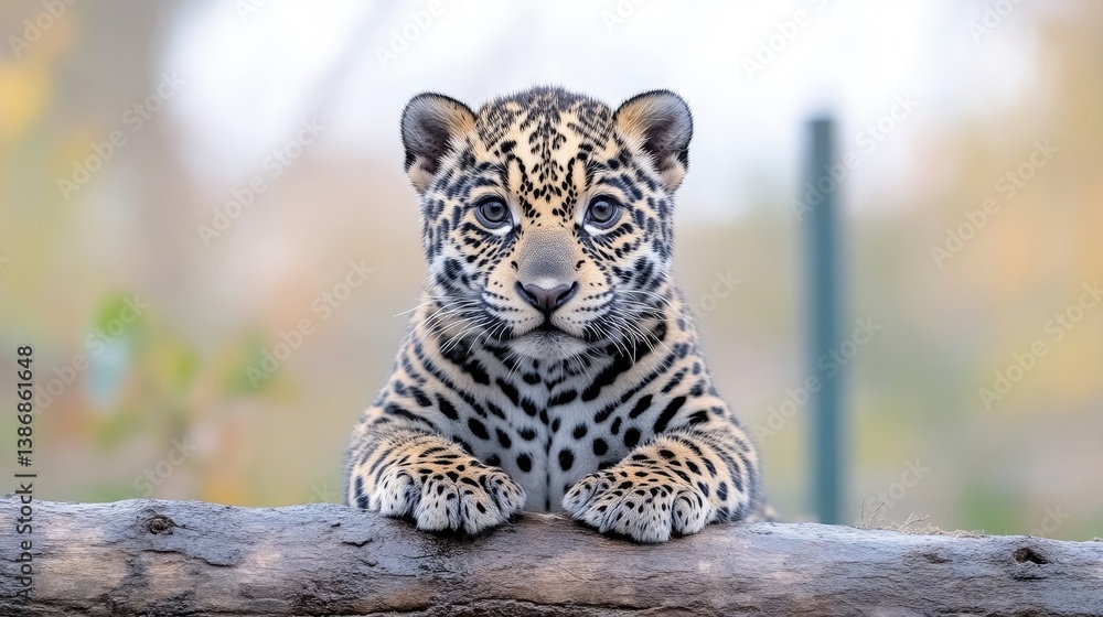 Obraz premium Adorable jaguar cub resting on a log