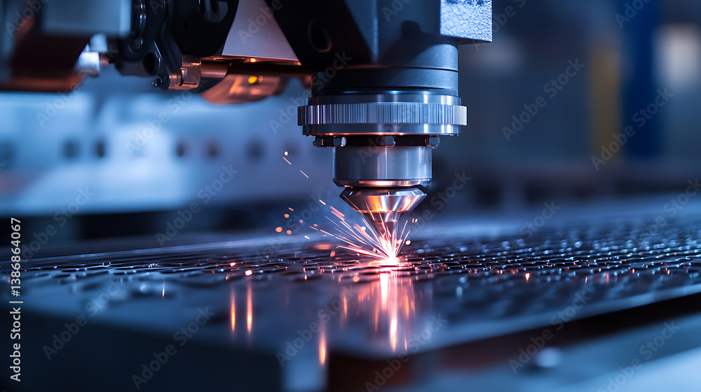 A precision laser cutter being used in a workshop, clean industrial space with high-powered laser beams and metal sheets, High-tech style A precision laser cutter being used in a workshop, clean industrial space with high-powered laser beams and metal sheets, High-tech style