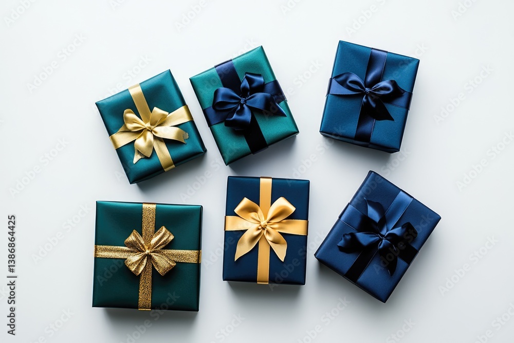 Five elegantly wrapped gifts in teal and navy blue with gold and dark blue ribbons. Five elegantly wrapped gifts in teal and navy blue with gold and dark blue ribbons.