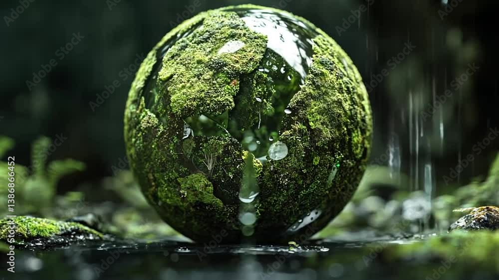 A moss-covered orb rests in a dark, wet environment, with a light reflection on it. A moss-covered orb rests in a dark, wet environment, with a light reflection on it.