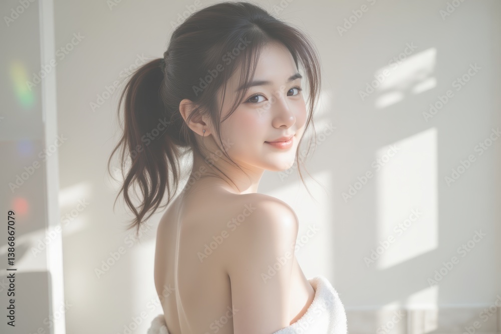 Beautiful Asian Woman with Natural Makeup Wrapped in Towel After Shower Beautiful Asian Woman with Natural Makeup Wrapped in Towel After Shower
