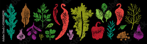 Panel kuchenny z motywem Chalk spice silhouette. Vector sketch color crayon vegetable illustration. Food herb spice. Ginger parsley rosemary basil garlic paprika pepper arugula olive doodle icon. Hand drawn chalkboard bg