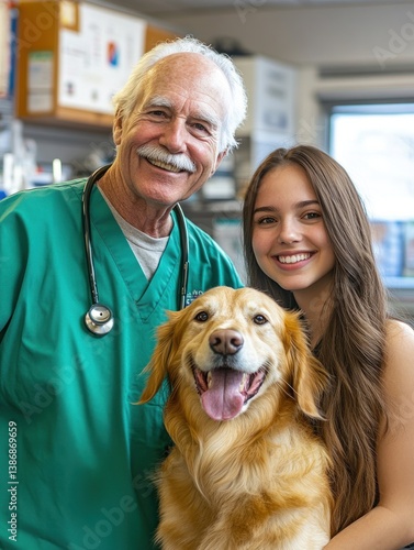 Caring veterinary professional with a happy golden retriever and its owner