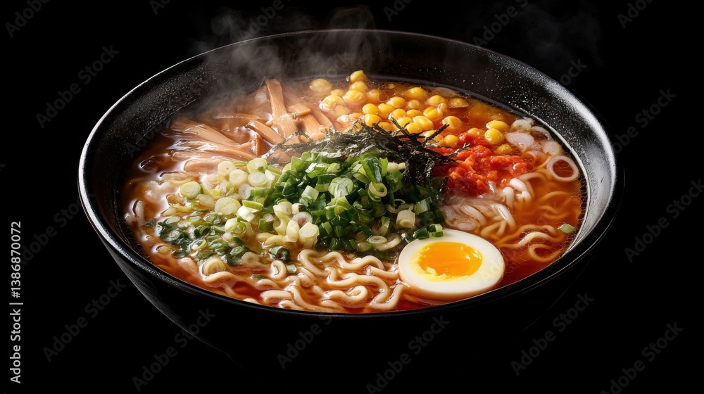 A delicious bowl of ramen noodles with broth, eggs, and vegetables. Featuring comfort and satisfaction A delicious bowl of ramen noodles with broth, eggs, and vegetables. Featuring comfort and satisfaction