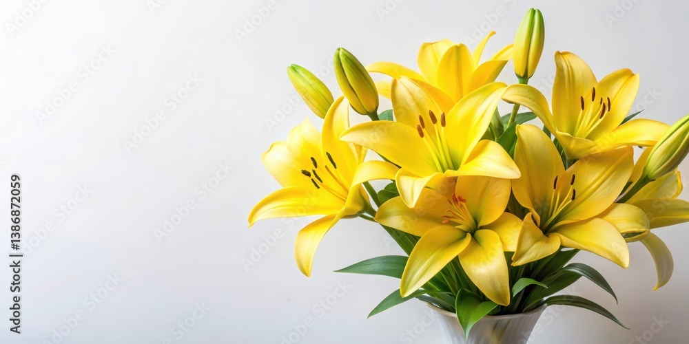 Obraz premium Fresh yellow lily flowers arranged in a elegant bouquet on a simple white background, spring flowers, yellow lily flowers