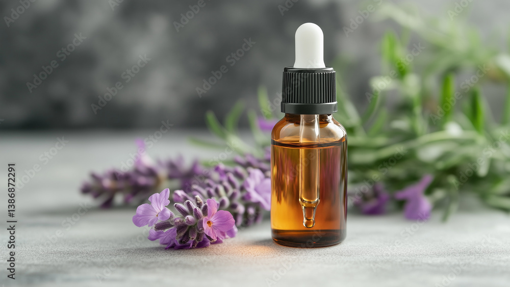 Amber colored essential oil in dropper bottle with lavender flowers Amber colored essential oil in dropper bottle with lavender flowers