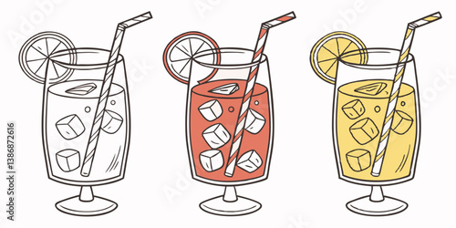 A set of colored alcoholic and non-alcoholic cocktails in glasses with ice ,vector and background.