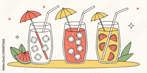 A set of colored alcoholic and non-alcoholic cocktails in glasses with ice ,vector and background.
