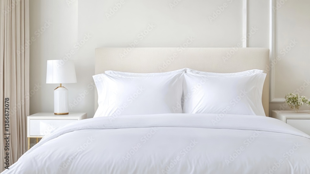 Obraz premium A pristine white duvet covers a bed with crisp white pillows and a light beige headboard. A simple lamp sits on a bedside table. The image is high-resolution, well-lit, and features a minimalist aesth
