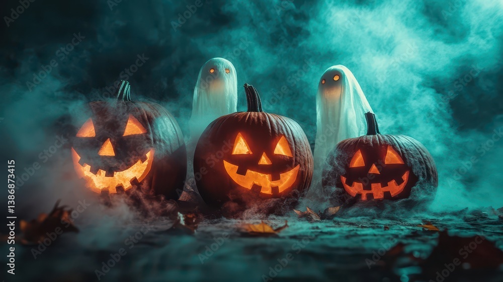 Naklejka premium Spooky Halloween Jack o lanterns and Ghosts