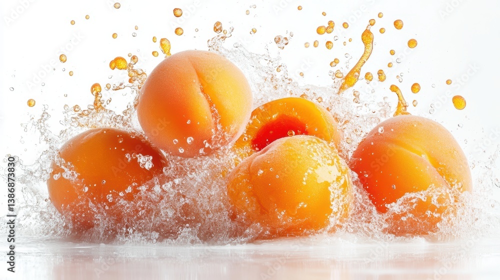 A vibrant fruit splash with apricots, bursting with orange and yellow, set against a white background A vibrant fruit splash with apricots, bursting with orange and yellow, set against a white background