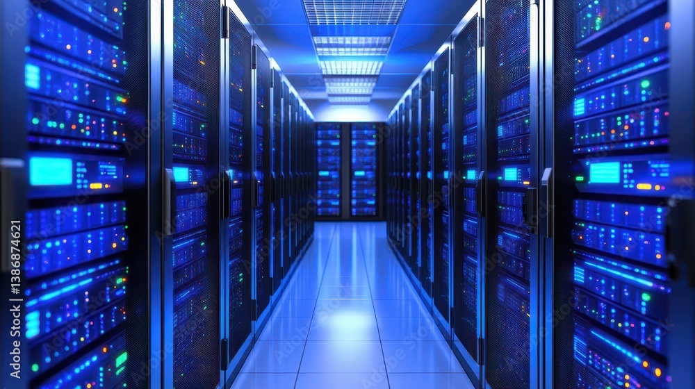 Obraz premium Modern data center ambiance, rows of sleek servers illuminated in blue light, technology hub with copy-space for text.