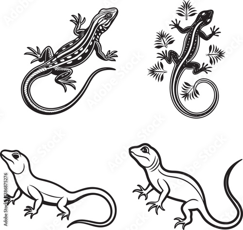 House lizard line art vector icon set