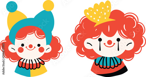 Colorful Cartoon Clowns with Playful Expressions and Unique Hats
