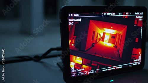 Drone surveillance footage on tactical tablet, symbol of modern ops, AI tracking and reconnaissance