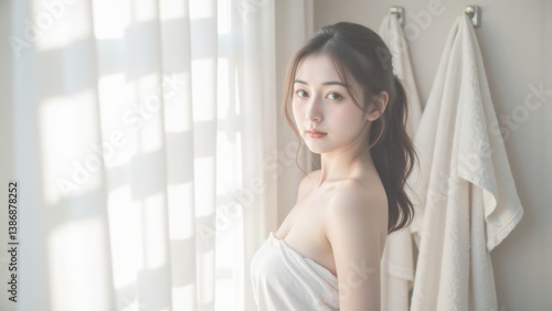 Beautiful Asian Woman Wrapped in Towel After Bath in Bright Bathroom, Natural Light, Beauty and Self-Care Concept Free Download Beautiful Asian Woman Wrapped in Towel After Bath in Bright Bathroom, Natural Light, Beauty and Self-Care Concept - GFXLoad