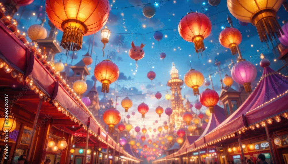 Obraz premium Illuminated Lanterns Above a Festive Streetscape at Dusk.