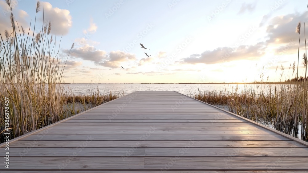 Fototapeta premium Tranquil wooden pier extending into serene lake at sunrise, surrounded by reeds and calm waters.