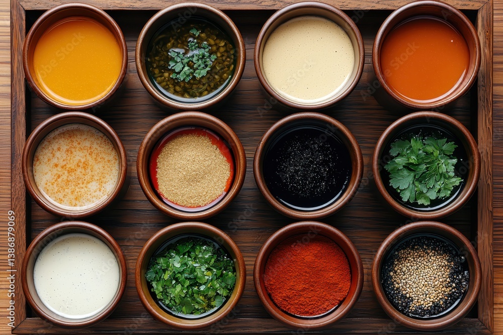 Savory dumpling sauces in small bowls overhead shot warm lighting rich colors enticing textures Savory dumpling sauces in small bowls overhead shot warm lighting rich colors enticing textures