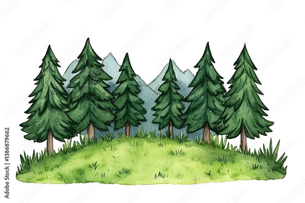 Fototapeta premium Lush Green Forest Landscape with Pine Trees and Mountains in Background