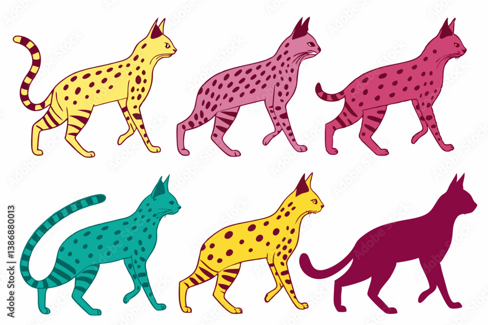 Fototapeta premium set of Serval Cat silhouette vector illustration