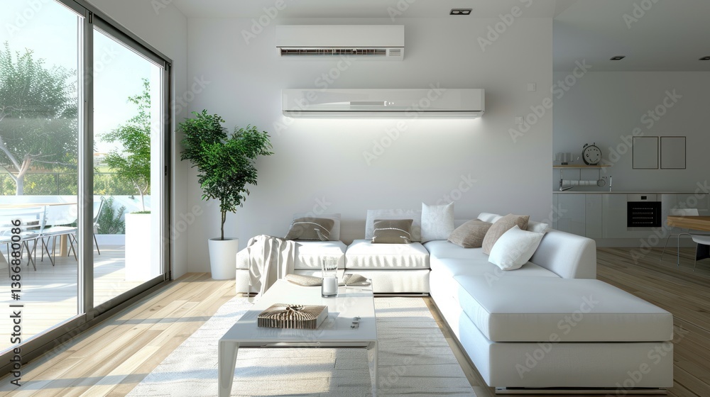 Fototapeta premium A living room with a white couch, a coffee table, and a potted plant
