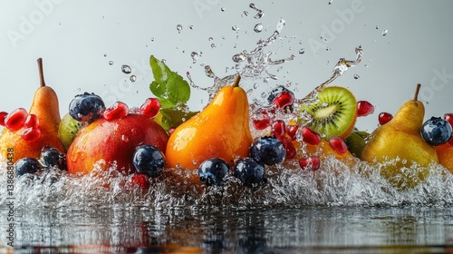 A refreshing fruit splash with a combination of blueberries, kiwi, pears, pomegranates, and apricots, splashing with bright and juicy colors, set against a white background