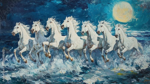 Majestic White Horses in Moonlight: A breathtaking painting captures seven pristine white horses galloping through the sea under the soft glow of a full moon.