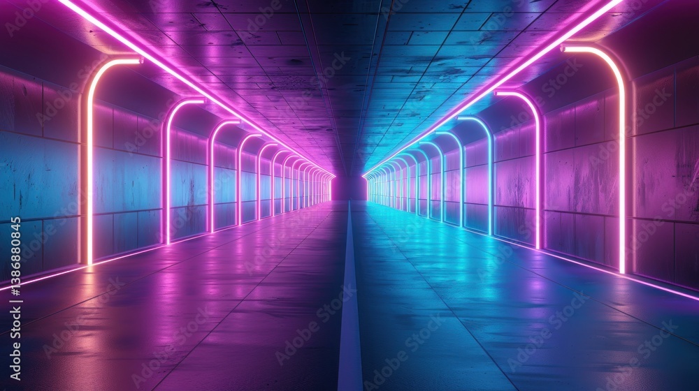 A neon tunnel with blue and pink lights A neon tunnel with blue and pink lights
