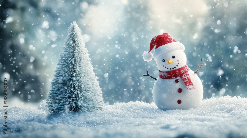 Obraz premium Festive Snowman Snow Covered Christmas Tree in Winter Wonderland