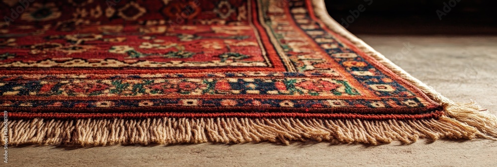 Close-up of a patterned rug with fringe on a neutral