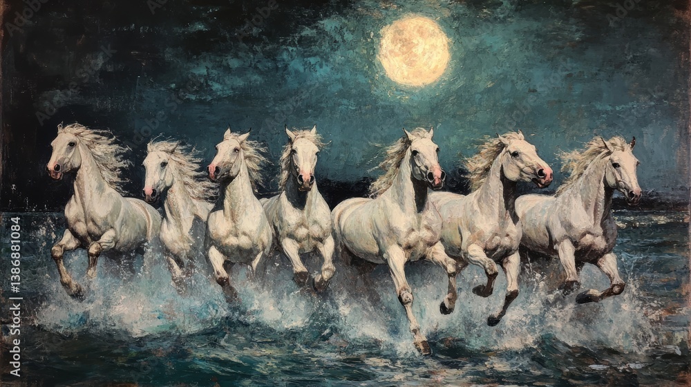 Majestic Horses Under Moonlight: A captivating depiction of seven white horses galloping through the ocean under the ethereal glow of the full moon.