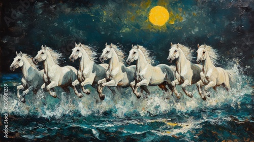 Celestial Steeds: A mesmerizing painting unveils seven white horses galloping through the crests of sea waves under the radiant gaze of a moon. It's a visual representation of power, freedom.