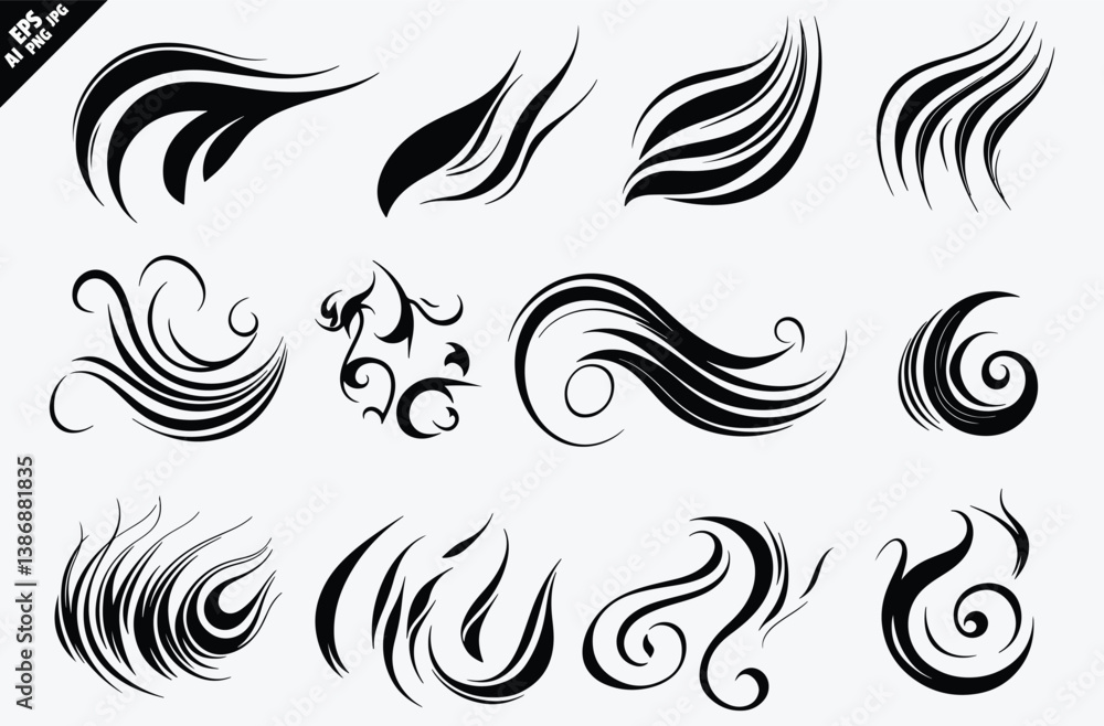 Fototapeta premium water wave icon silhouette vector set. vector design of various simple black silhouette water wave icons, isolated on a white background. Bold shapes, hand-drawn elements