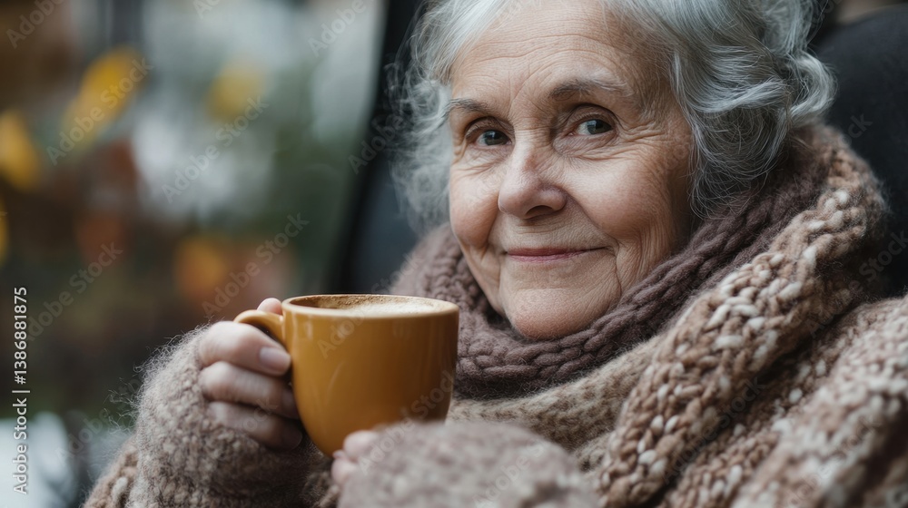 Senior Woman Enjoying Warm Drink Outdoors in Autumn Senior Woman Enjoying Warm Drink Outdoors in Autumn